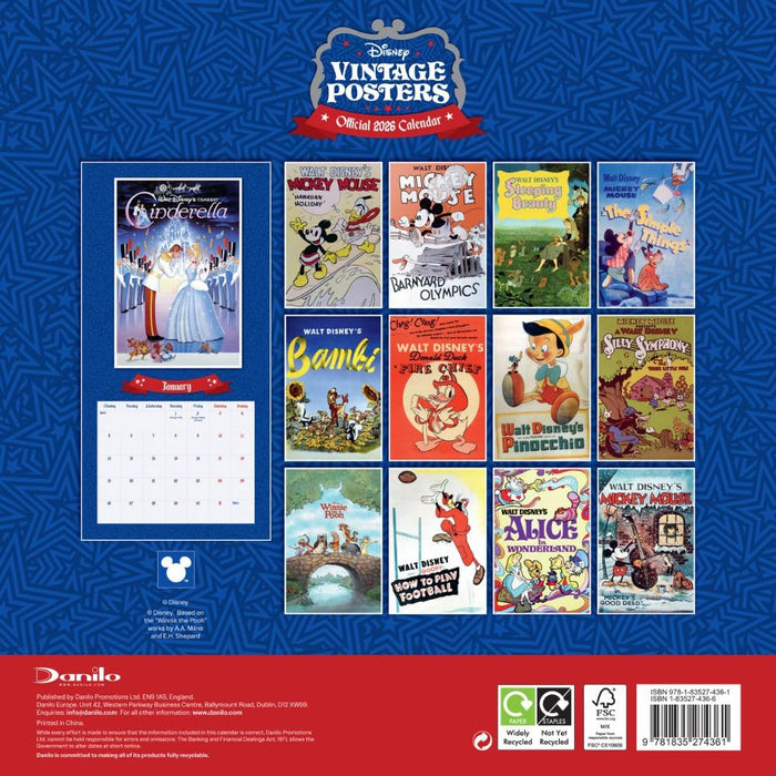 Disney Vintage Posters Square Calendar 2026
